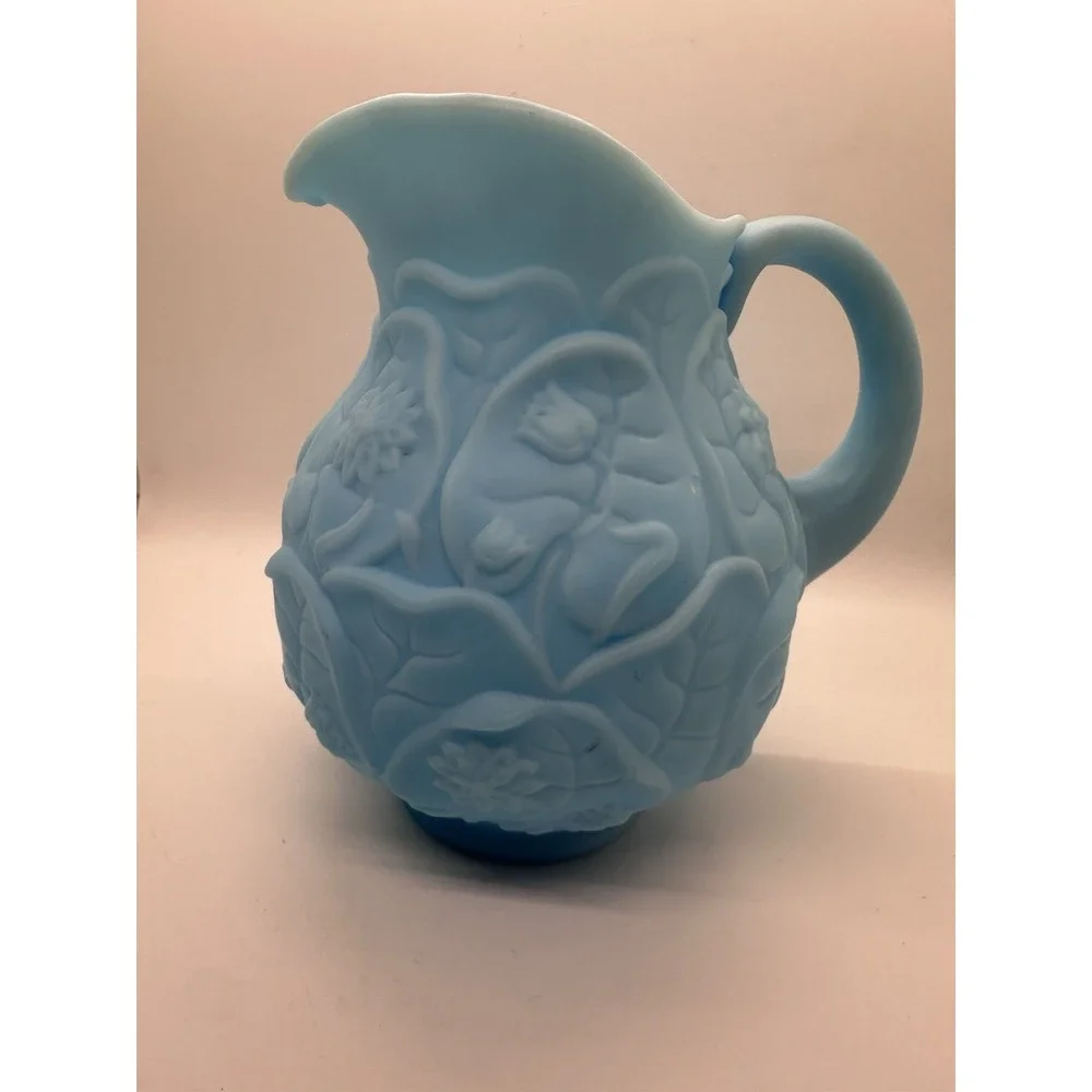 Vintage Fenton Blue‎ Satin Glass Water Lily Pattern Pitcher